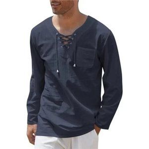 NEW MENS Cotton Linen Shirts Lace Up Long Sleeve-Navy